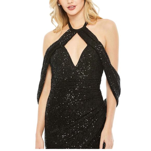 Mac Duggal NWT Halter Neck Drape Sleeve Dress in Black Size 4 - Picture 2 of 8